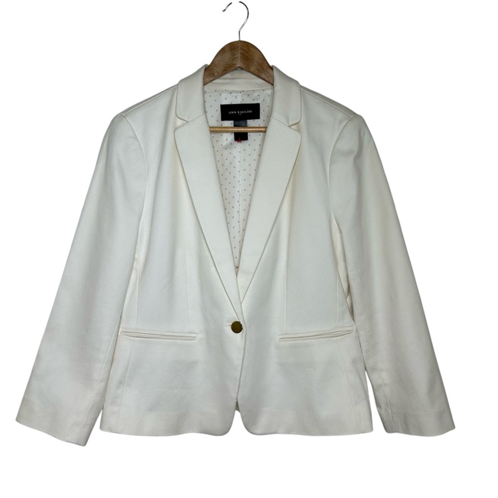 Ann Taylor Cotton Blend Off White 1 Gold Button Textured Lined Blazer Jacket 12